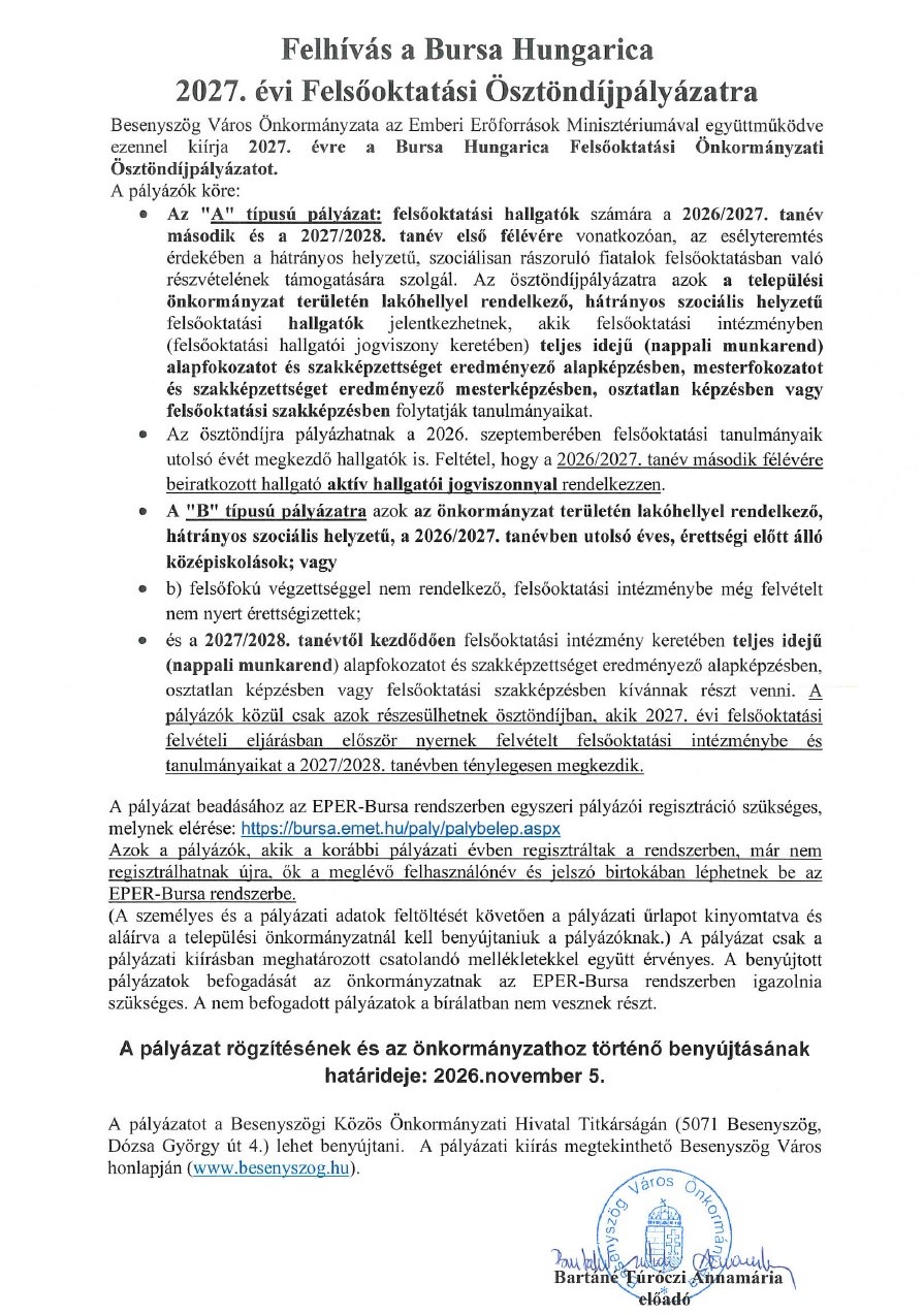 Felhívás a Bursa Hungarica 2027. évi Felsőoktatási Ösztöndíjpályázatra